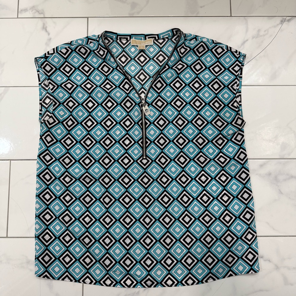 Michael Kors Top‎ Size L  Blue and Black Geometric Print Zip